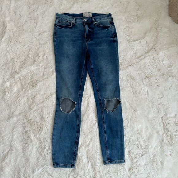 Free People FP Slightly acid wash size 30r blue skinny jeans w holes in knees - Picture 1 of 7